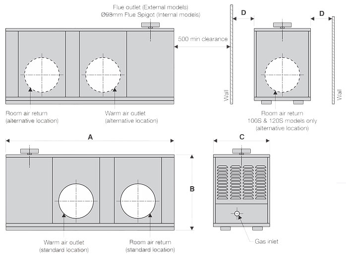 Omega 3 star gas ducted heating dimension drawing specifications