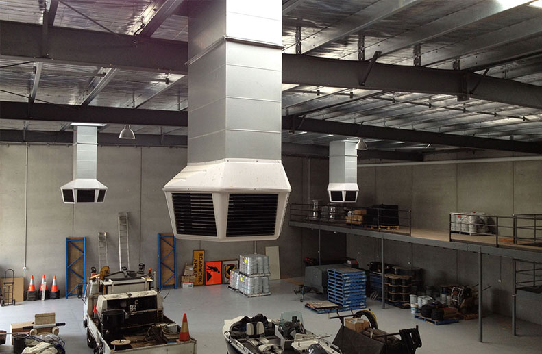3 of the 4 coolbreeze commercial twin fan D500 evaporative coolers installed into a factory in rowville with AGP3 penums. each unit cools approximately 500 square metres of the floor space