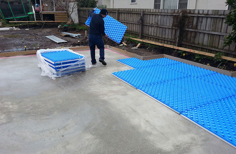 Placement of blue foam for In Screed Hydronic heating in Ivanhoe.