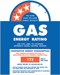 gas energy rating of Omega's 3 star gas ducted heating unit