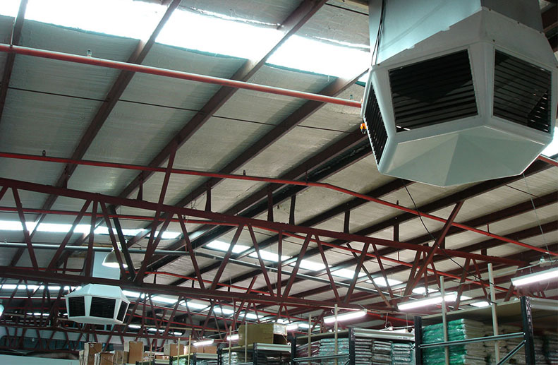 Commercial evaporative cooling installation in Thomastown warehouse. Two Coolbreeze D500 twin fan evap coolers to plenum outlets.