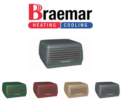 Braemar logo with image of a blue, green, red, brown and another blue evaporative cooler