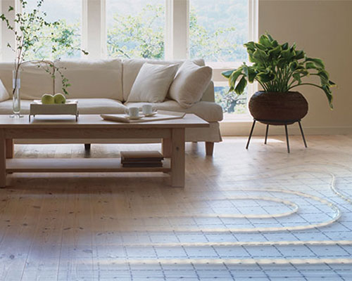 demonstration of hydronic heating in floor through the timber floor of a living room with plants and cream coloured couch