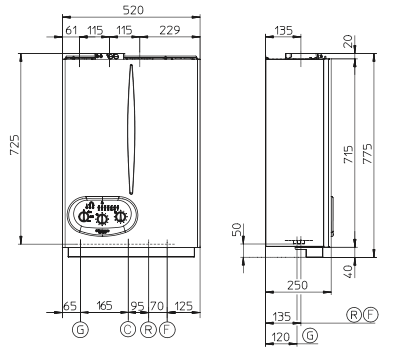 image depicting the measurements and specifications of the Internal unit for Immergas' high efficiency HE 35 hydronic heater system