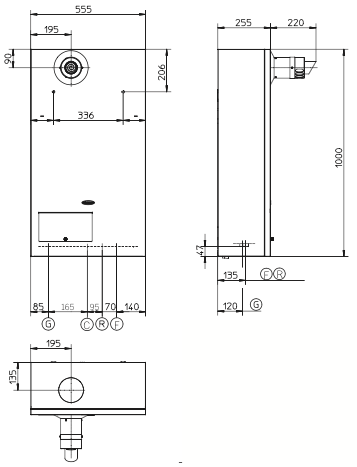 image depicting the measurements and specifications of the external unit for Immergas' standard efficiency SE 36 hydronic heater system